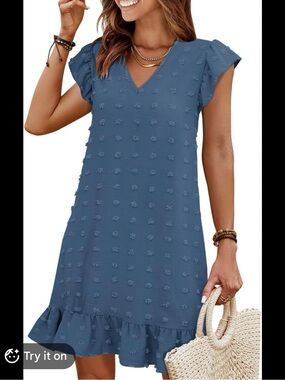 QACOHU Spring Blue Summer V-Neck Dress